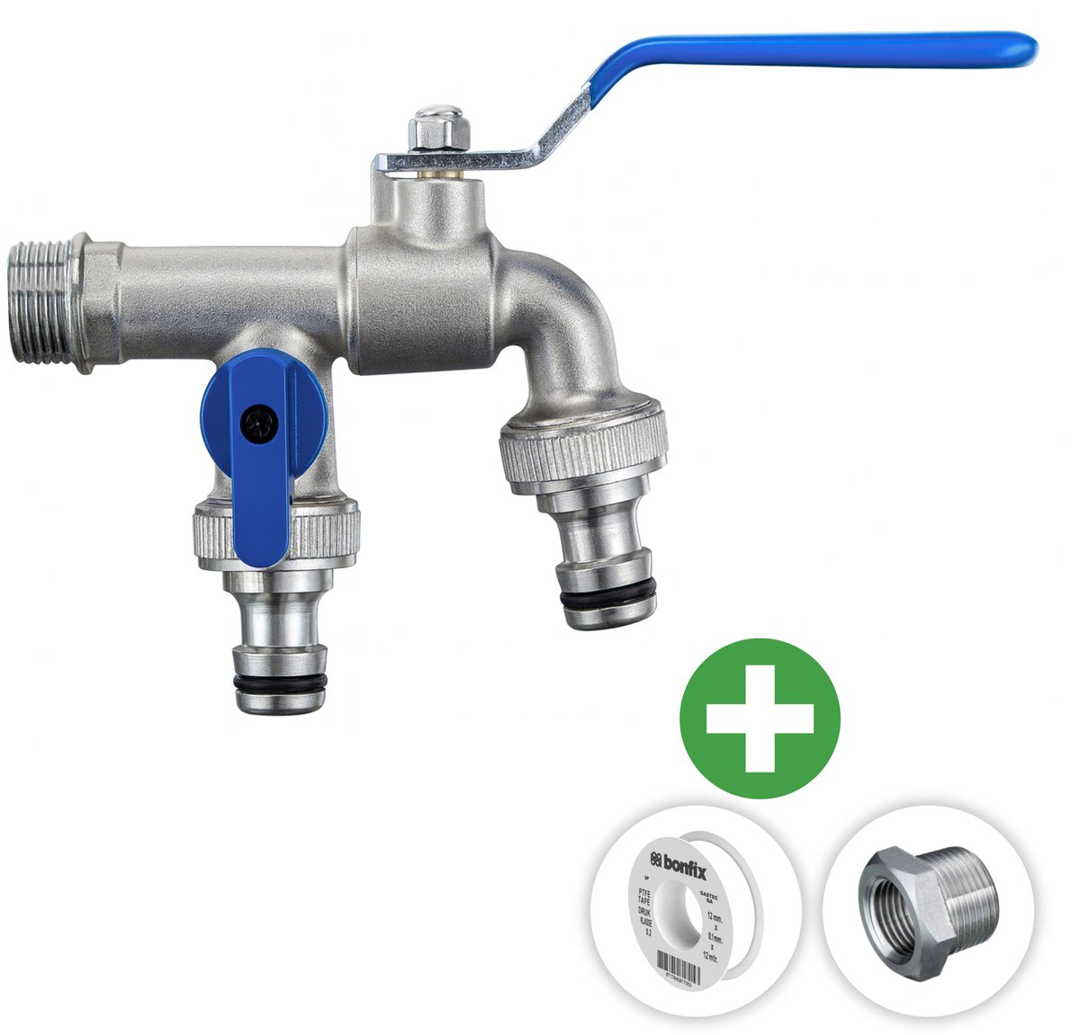 Deltaline - Buitenkraan - Dubbele kraan ½ inch - 2x ¾ inch gardena uitgang - Vorstbestendige Kogelkraan Blauw - Vorstbestendig - Incl. PTFE tape & Extra RVS verloopring ½ x ¾ inch