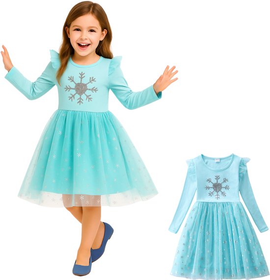 Joya Kids® Elsa Verkleedjurk Meisjes | Lichtblauw Jurkje met Lange Mouwen & Tule Rok | Comfortabele Prinsessenjurk voor Kinderen | T-shirt Stof | Prinsessenjurk meisje | Maat 130 | 7-8 Jaar