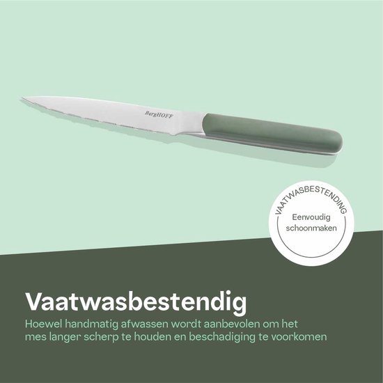 Kartelmes met zilverkleurig lemmet en khaki handvat, met tekst 'Vaatwasbestendig'.