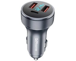 DrPhone 72W Autolader met LED Display – 3 Poorten (A 18W +A 18W +C 36W) – Aluminium Behuizing – QC3.0 & PD Snelladen - 12/24V - Grijs