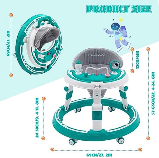3-in-1 Babywalker met Verstelbare Hoogte en Inklapbaar Design - Rolveilige Loopwagen met 360° Wielen, Eetdienblad en Speelcentrum voor Baby's vanaf 6 maanden - Blauw van Luvion — afbeelding 5