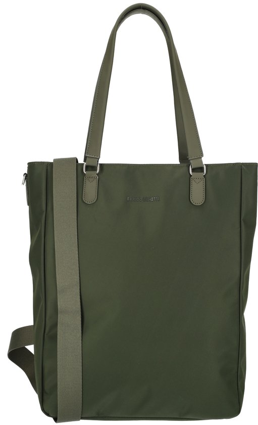 Olijfgroene shopper met bruine handvatten en een bijpassende schouderband.