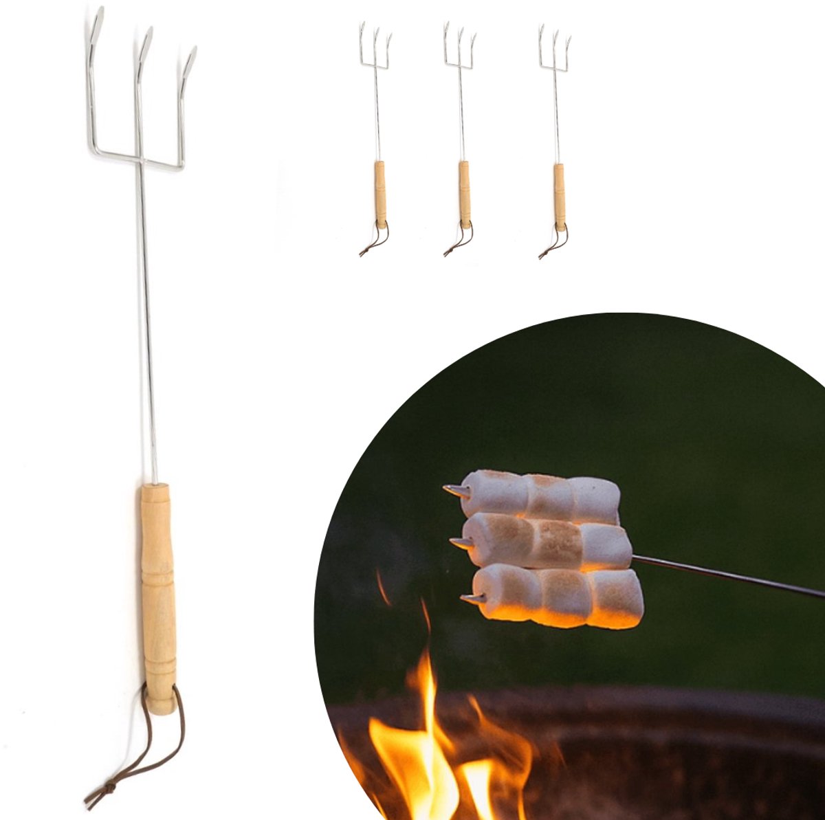 STOOQ Marshmallow Pin – Set van 3 - RVS Spies – Voor Marshmallows, Worstjes & Meer – Ideaal voor Kampvuur & BBQ
