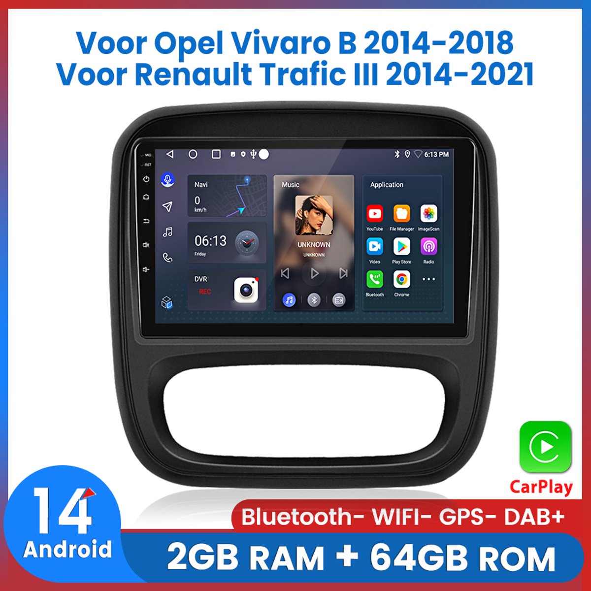 Awesafe Geschikt Voor Opel Vivaro B 2014 t/m 2018 - Geschikt Voor Renault Trafic III 2014 t/m 2021 - Carplay & Android auto - 2GB+64GB - GPS Navigatie Bluetooth WIFI