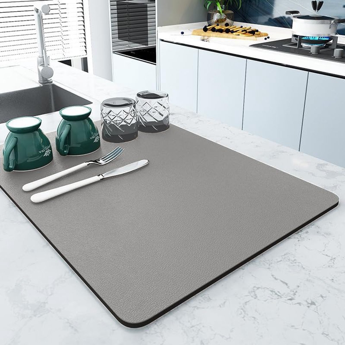 Siliconen afdruipmat, zelfdrogende mat, afwasmat, antislip, hittebestendig, gemakkelijk schoon te maken, droogmat met rubberen achterkant, geschikt voor aanrechtbladen, koffiezetapparaten, gootsteenmatten, BPA-vrij (grijs)