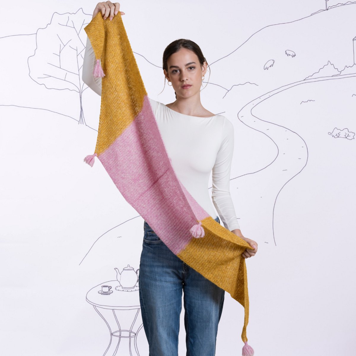 Breipakket - Les Cousines - Colourblock wrap - Sjaal breien -duurzaam garen - kleur roze/mosterd