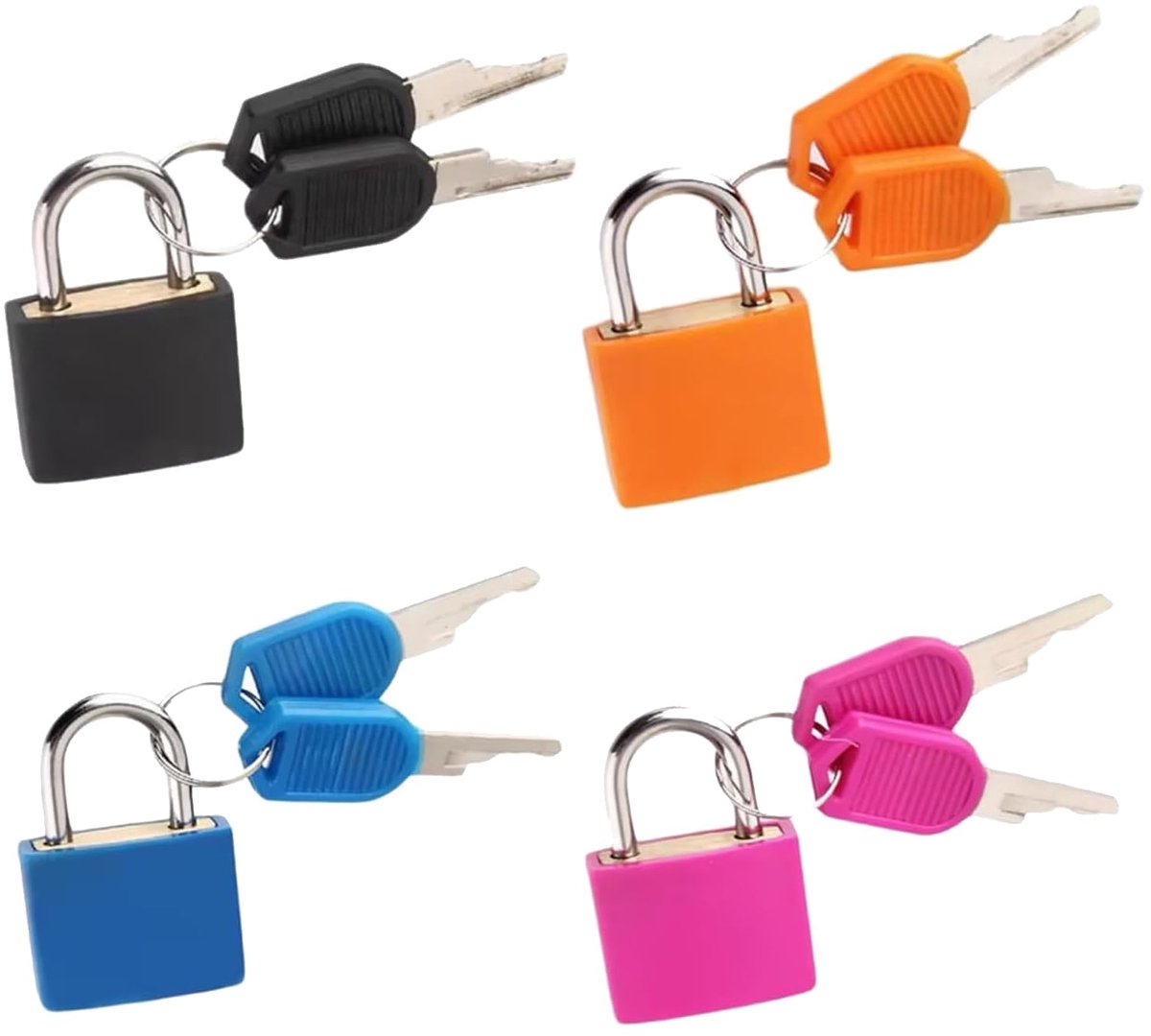 4 stuks kofferslot met sleutel, klein bagage-hangslot, voor reizen, kluisjes, vakantiekoffer, mini-koffersloten, zwart, oranje, blauw, rozenrood