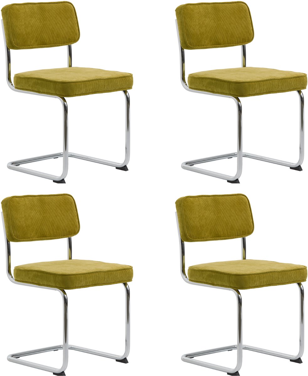 LevaLeva Rupert eetkamerstoel set van 4- rib stof - groen - buisframe - chroom