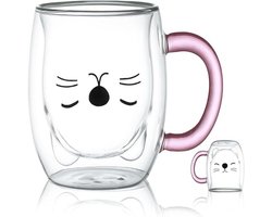 Mmgoqqt - Cartoon Mug - Dubbele Laag Kattenpatroon - Borsiliciumglas - Lichtroze - 250ml - Hittebestendig