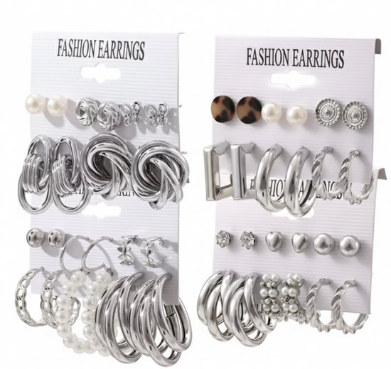 Parure de boucles d'oreilles argentées pour femme avec créoles, clous et perles