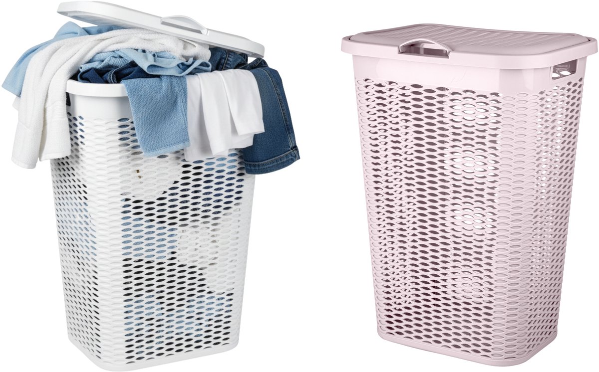 Wasmand Ventilation - met deksel - 2x - wit en roze - 50 liter - 61 x 43 cm