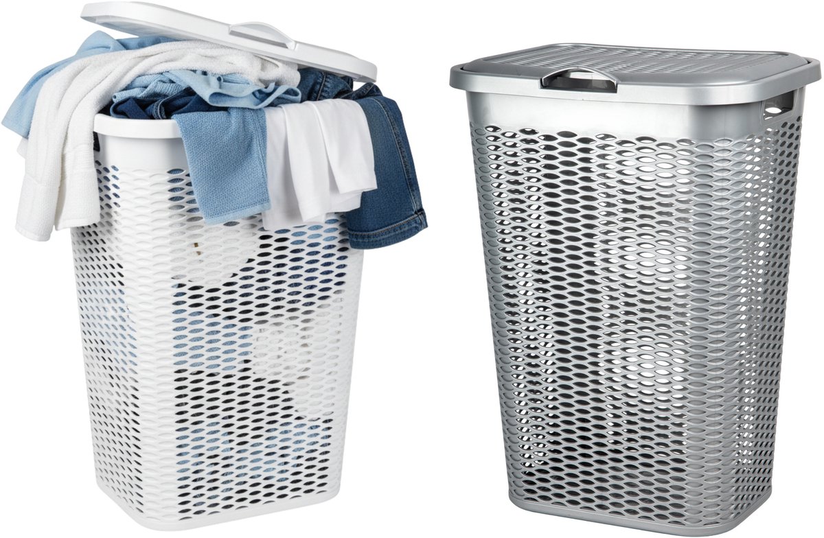 Wasmand Ventilation - met deksel - 2x - wit en zilver - 50 liter - 61 x 43 cm
