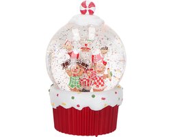 Viv! Christmas Kerst Sneeuwbol incl. LED - Santa's Bakery met Gingerbread Bakkers - automatisch - rood wit - 19cm