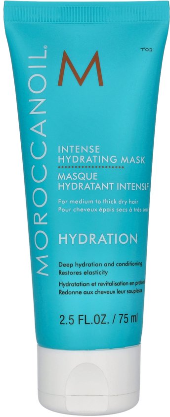 Turquoise Moroccanoil tube met oranje "M" logo. "Intense Hydrating Mask" staat op de tube.