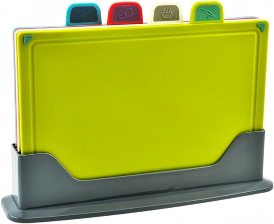 Ensemble de planches à découper avec support - 4 pièces - Plastique - Antidérapant - Sans BPA - Lavable au lave-vaisselle - Planche à découper - 4 couleurs