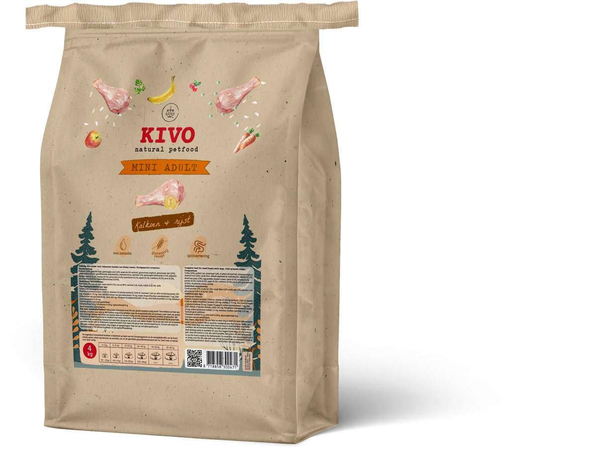 Kivo Petfood Kivo Petfood Hondenbrokken Kalkoen & Rijst MINI ADULT - 4 kg Koudgeperst - Glutenvrij