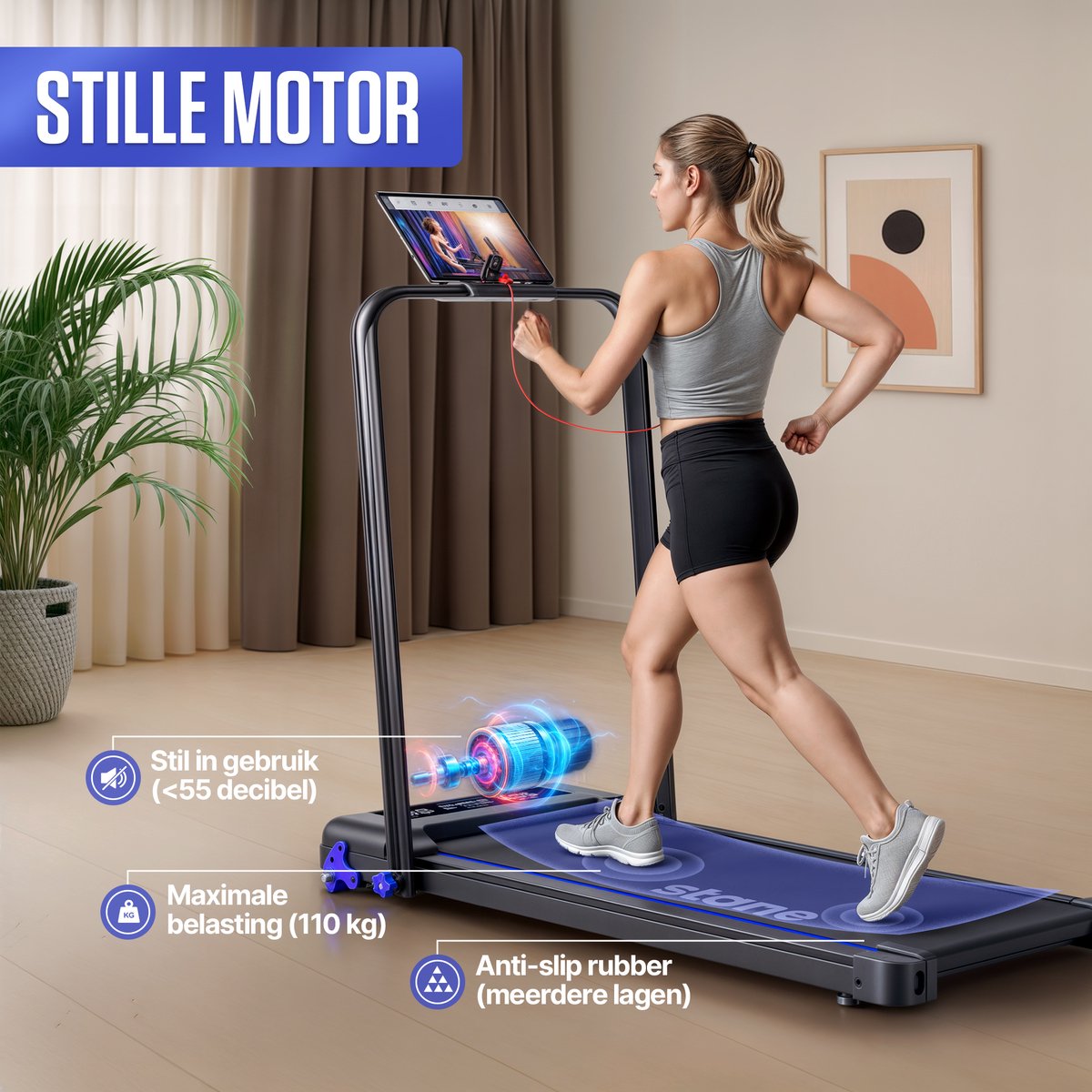 Afbeelding 3 van Loopband Inklapbaar en Electrisch Voordeelbundel - Opvouwbare Loopband met 6% Hellingfunctie - Walkingpad voor Fitness of tijdens Thuis Werk - Stane