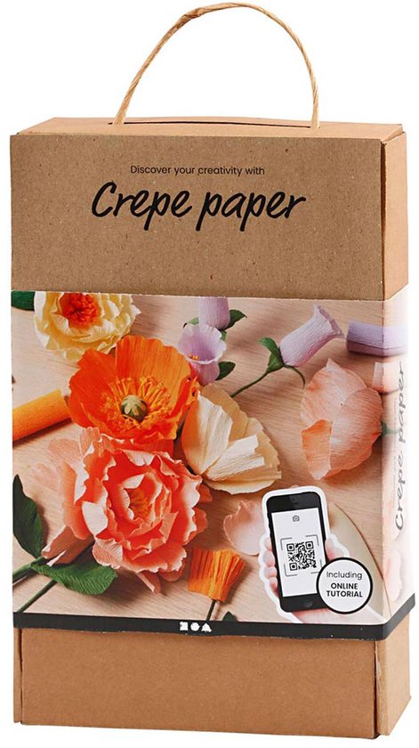 Boîte avec le texte 'Discover your creativity with Crepe paper' et des images de fleurs en papier crépon.