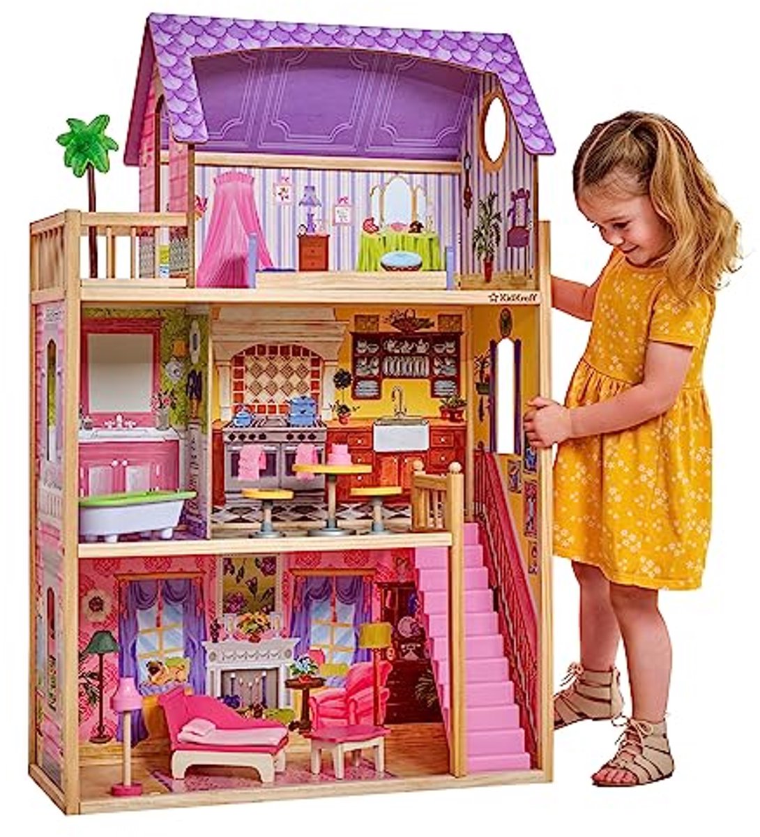Houten Poppenhuis met Meubilair en Accessoires - 3 Verdiepingen voor Poppen van 30 cm