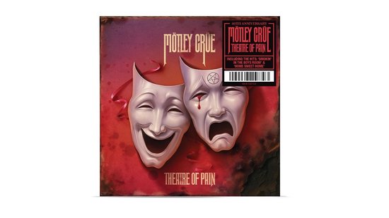 Pochette d'album Mötley Crüe Theatre of Pain 40e anniversaire avec masque riant et pleurant, sang et pentagramme.