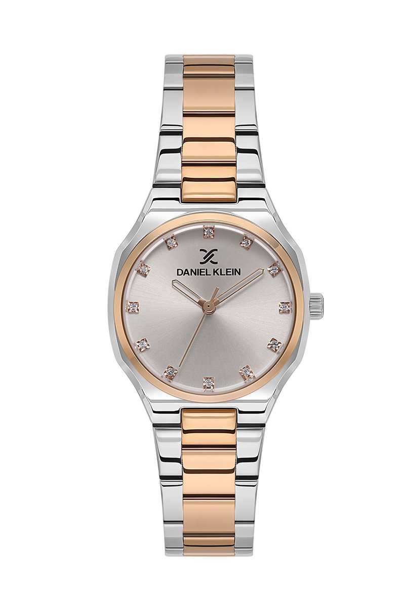 Daniel Klein DK.1.13916-6 - Horloge - Polshorloge - Analoog - Dames - Vrouwen- Rond- Stalen band - Metaal - Vierkantjes - Bolletjes - Briljant - Zilverkleurig - Rosékleurig - Licht taupe - Zwart