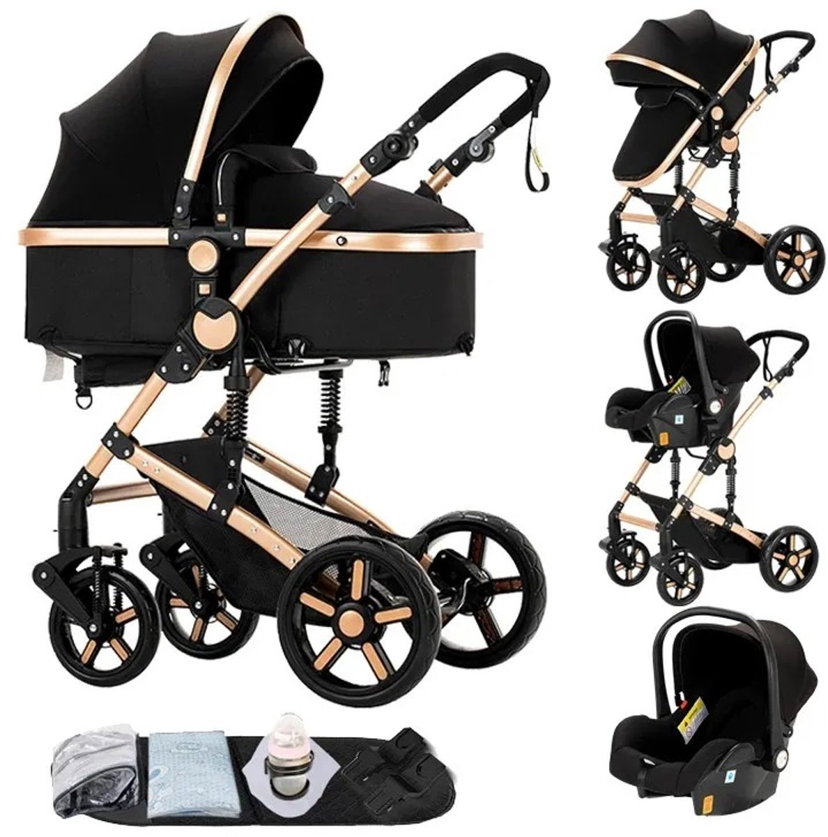 NaevaMi Luxe 3-in-1 Kinderwagen - Buggy - Inclusief Autostoeltje - Reiswieg - Inklapbaar - 0-36 maanden - Kinderwagen 3 in 1 - Kinderwagens - Maxi Cosi - Zwart Goud - NaevaMi - €169,95
