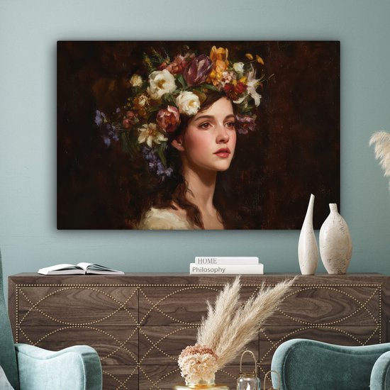 Tableau sur toile 120x80 cm - Décoration murale exclusive - Portrait - Femme - Fleurs - Décoration murale salon - Décoration chambre - Accessoires de décoration - Peintures sur toile
