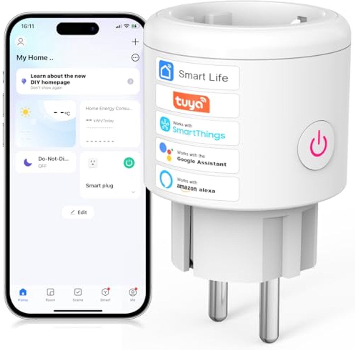 Slimme mini smart plug met afstandsbediening - Spraakgestuurd met energiebesparing en tijdfunctie