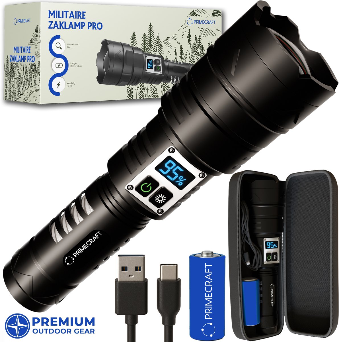Bol.com PrimeCraft® Zaklamp LED Oplaadbaar – Militaire Zaklamp – Zaklamp op batterijen – Robuust en Waterdicht – Sterke Opbergca... aanbieding