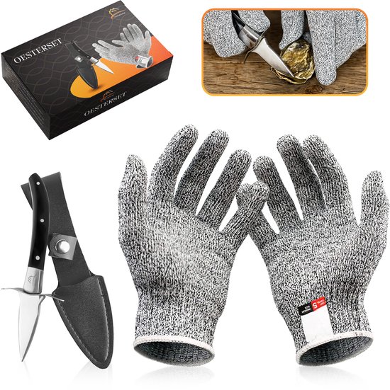 Oester Mes Set - Oester Handschoen Set - Snij Veilige Handschoenen - RVS Handschoen - Customised Mes voor Oesters Inclusief houder