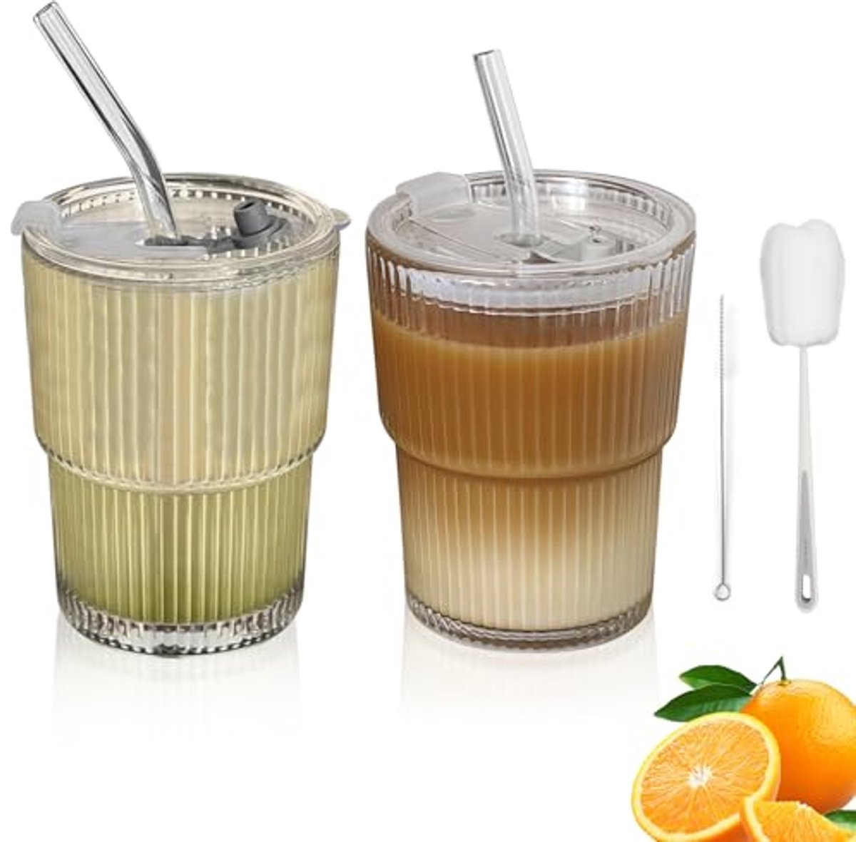 Glazen bekers met deksel en rietje - 400 ml - 2 stuks - Voor warme en koude dranken