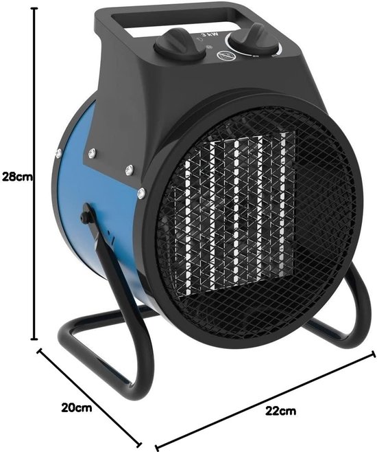 EMERIO - Power ventilatorkachel 3000 Watt - Keramische warmtestraler - Turbo elektrische verwarming met oververhittingsbeveiliging - krachtig - 2 warmtestanden - voor bouwplaats, huis, werkplaats