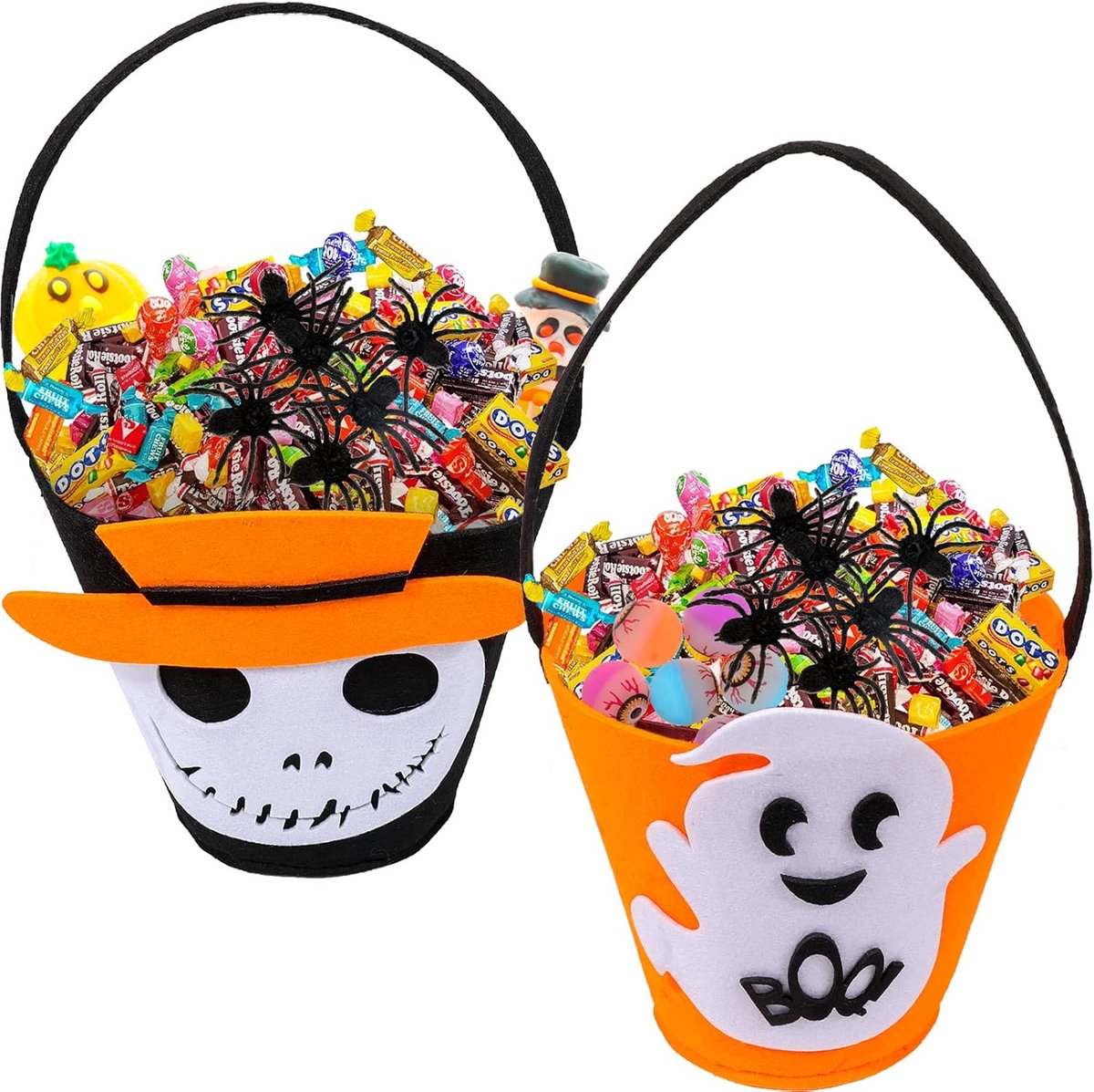 2 stuks Halloween snoepemmers voor kinderen - Spook snoepemmer met handvat - Vilt - Snoepzak - Tote Bag - Geschikt voor Halloween trick-or-treat, Halloween-lekkernijen, Halloween-cadeauzakjes, emmerdecoraties en snoepemmers - Oranje en zwart