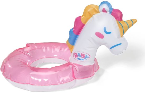Roze zwemband in de vorm van een eenhoorn met regenboog manen.