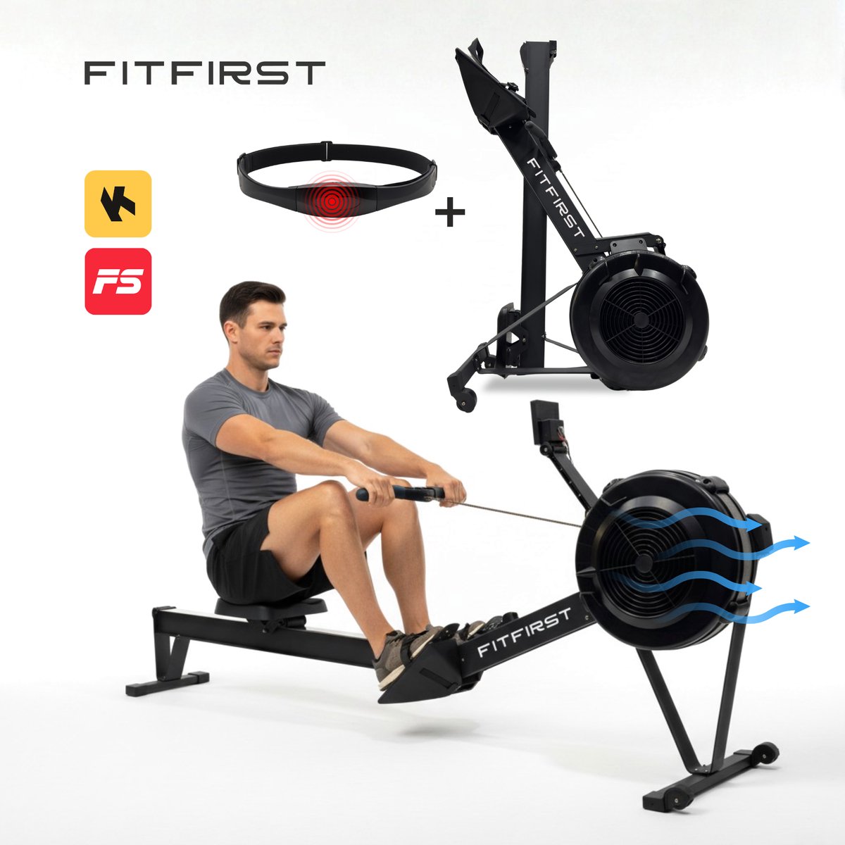 FitFirst® AirRower | Inklapbare roeitrainer met Apps | Roeimachine voor elke lengte en tot 200KG | Professionele Ergometer | 10 Niveaus Luchtweerstand|