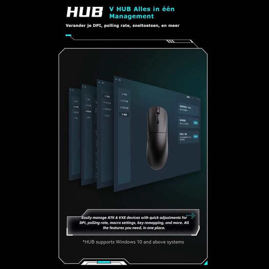 Zwarte muis met een weergave van de "HUB" software op de achtergrond.