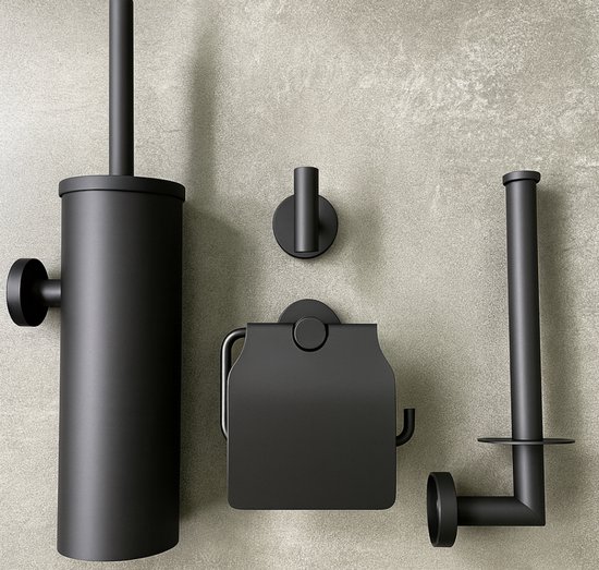 Nifkos Toiletaccessoireset Zwart 4-delig - Luxe Toilet Set - Toiletborstel met Houder - Toiletrolhouder met klep - Reserverolhouder - Handdoekhaak
