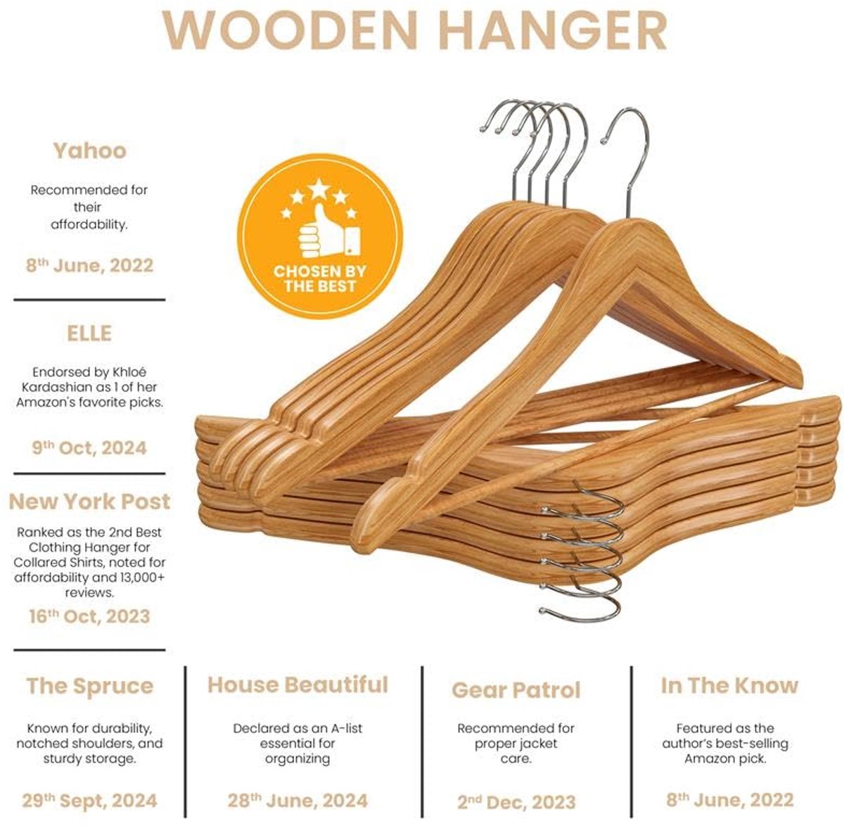 Duurzame Anti-slip Houten Kleerhangers met Draaibare Haak - Set van 20