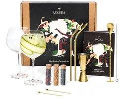 Cocora Gin Tonic Geschenkset - 12-delige RVS Cocktail Set - Maatbeker - Barlepel - Kruiden - Recepten Boek - Goud