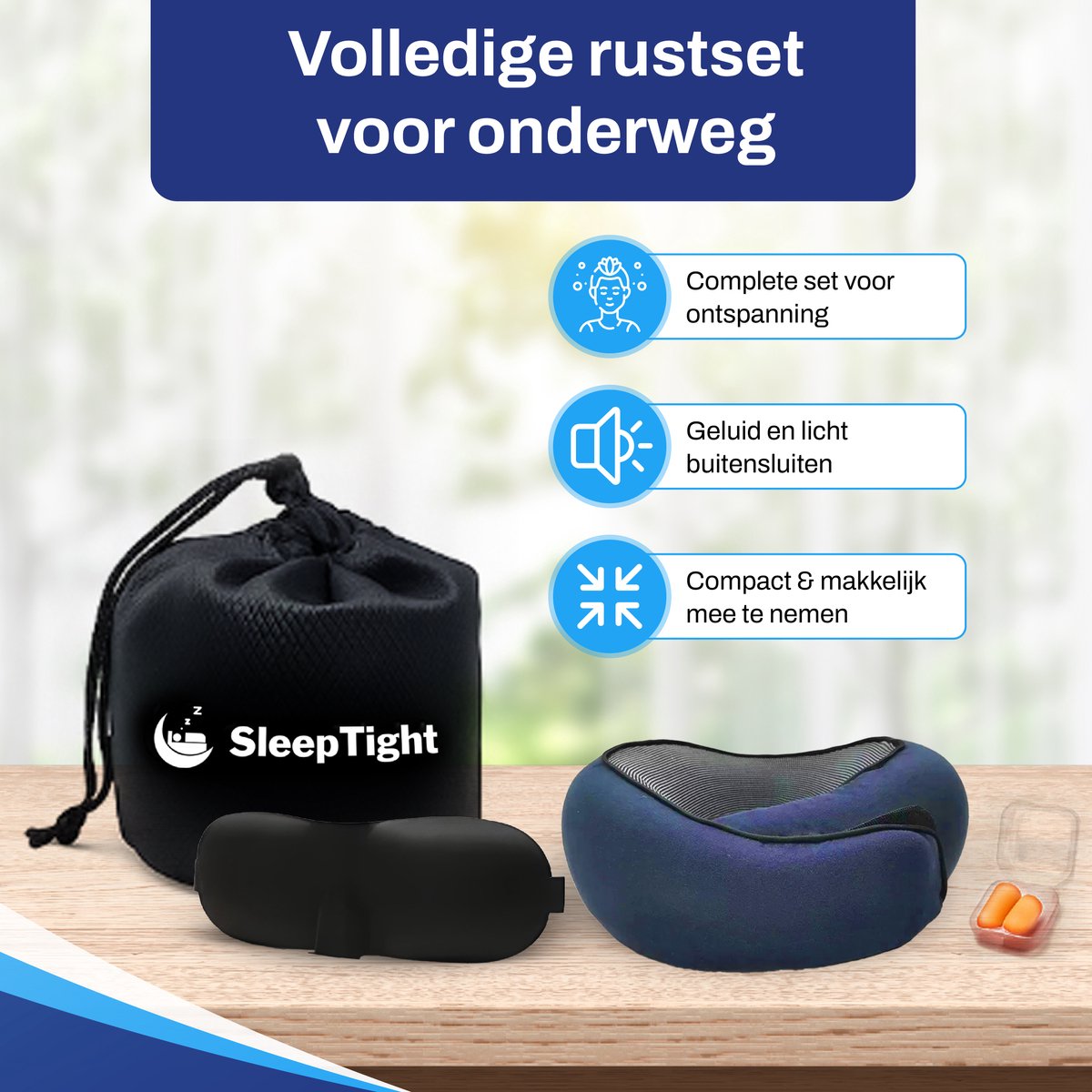 Sleeptight Nekkussen Vliegtuig of Auto - Reiskussen Set - 360° steun - Nekkussen Traagschuim - Travel Pillow Memory Foam - Met Oordoppen en Oogmasker - Blauw — afbeelding 9