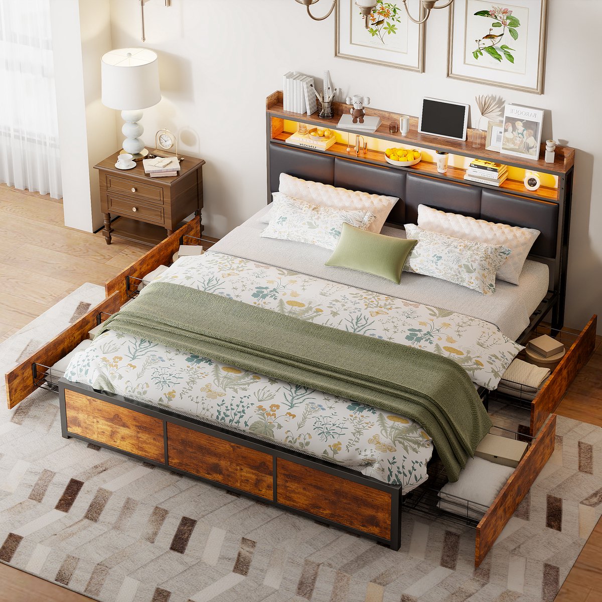 Zwart PU Tweepersoonsbed 160x200 cm – LED Opbergbed met 4 Lades, USB & Type-C