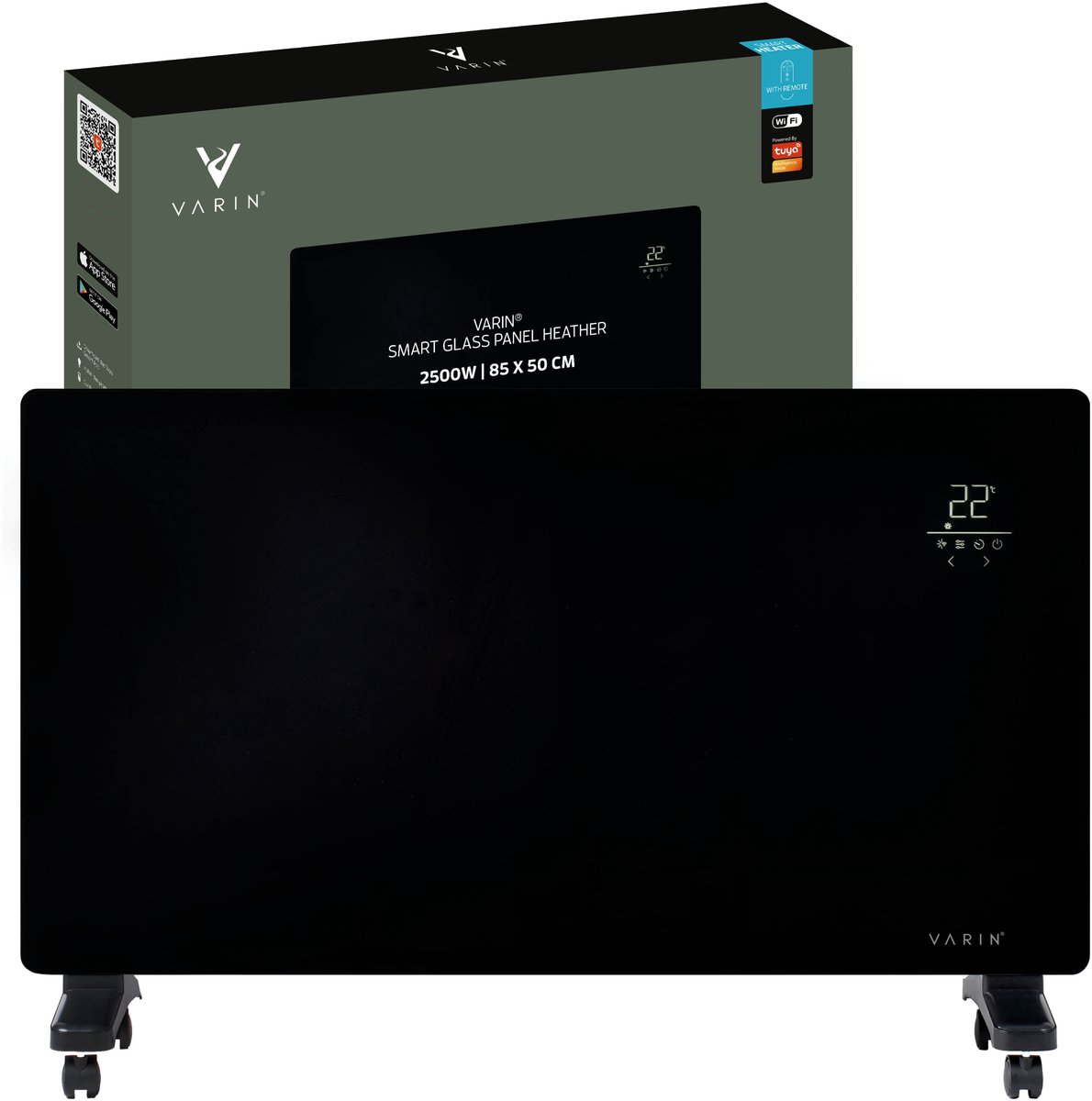 Varin® Smart Design Elektrische kachel - 2500 Watt - 85x55cm - Zwart glas - IP24 - Met thermostaat - Wandmontage of verrijdbaar - Elektrische verwarming badkamer - Convectorkachel electrisch - Electrische kachels voor binnen - Elektrisch - Tuya Wifi