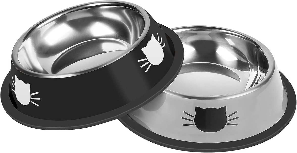 longziming -Set van 2 RVS Katzennäpfe met Antislip, Eet- en Drinkbak voor Katten, Stabiele Voer- en Drinkbakken, Zwart en Grijs