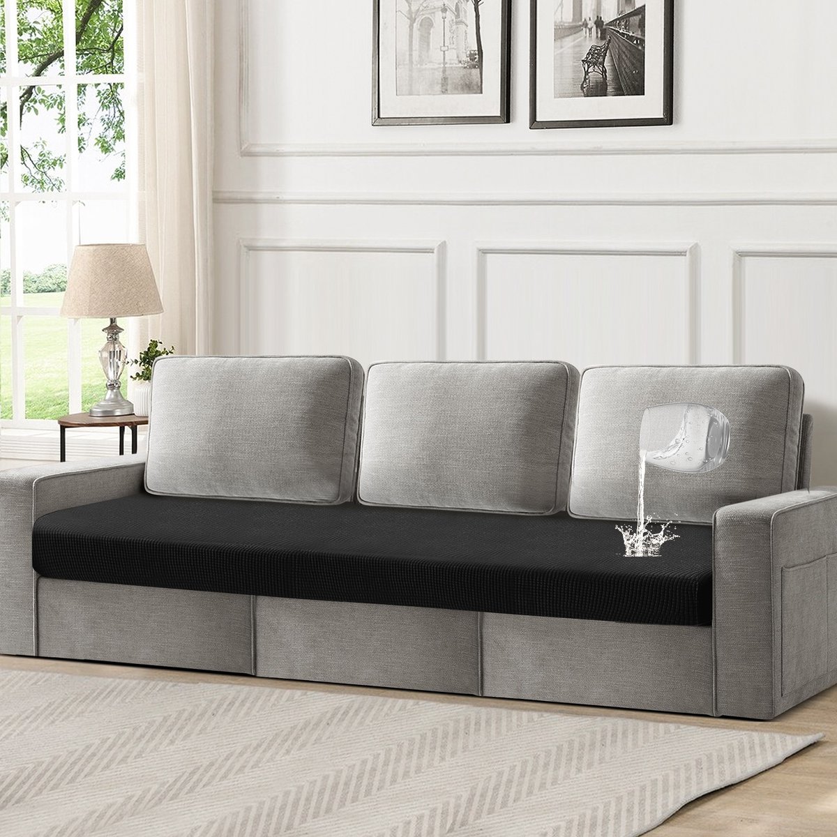 Qelus Bankhoezen, 100% Waterdichte Jacquard Patio Stretch-Zitkussenhoezen Voor 3-Zitsbanken, Rekbare Bankbeschermers, L-Vormige Chaise Longue En Alle Soorten Banken Met Elastische Onderkant (Zwart)