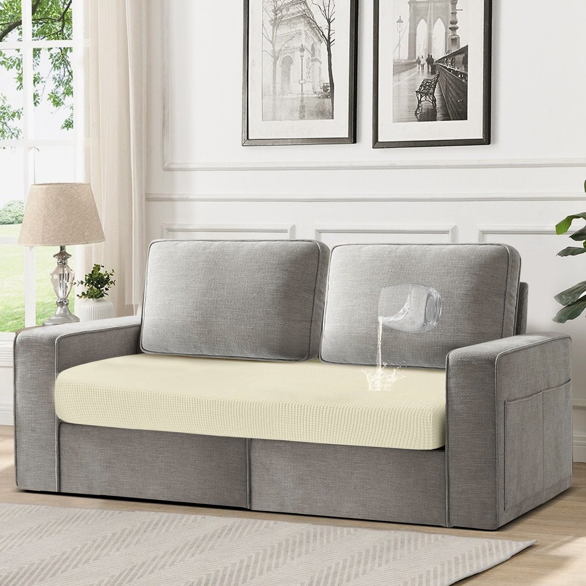 Qelus Bankhoezen, 100% Waterdichte Jacquard Stretch-Zitkussenhoezen Voor 2-Zitsbanken, Rekbare Bankbeschermers, L-Vormige Chaise Longue En Alle Soorten Banken Met Elastische Onderkant (Beige)