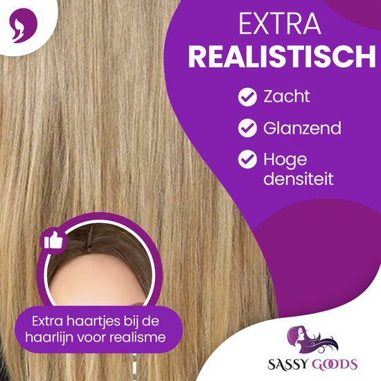 Close-up van lang, steil, blond ombre haar dat zacht, glanzend en van hoge dichtheid is. Tekst: 'Extra realistisch, zacht, glanzend, hoge densiteit'.