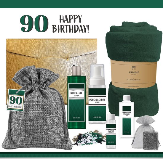 Geschenkset “90 Jaar Happy Birthday!” - 7 Producten - 1100 Gram | Giftset voor hem - Luxe wellness cadeaubox - Cadeau man Verjaardag - Veertig - Gefeliciteerd - Gift Ninety years old - Party - Cadeaupakket Deluxe - Vriend - Verjaardagscadeau - Groen