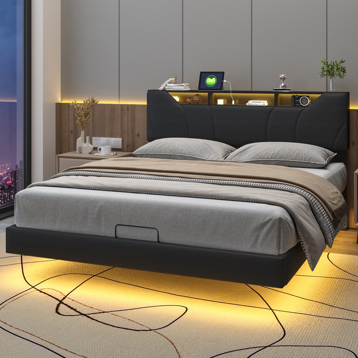 Tweepersoonsbed Hydraulisch Opbergbed met LED en USB, Zwart