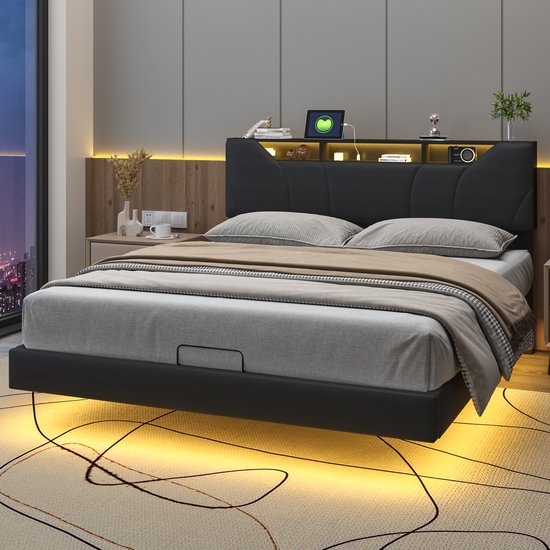 Tweepersoonsbed Hydraulisch Opbergbed met LED en USB, Zwart - Tweepersoonsbed - €254,99
