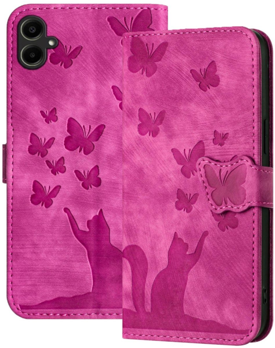 BookCover Hoes Etui geschikt voor Samsung Galaxy A06 - A07 - Vlinders en Kat - Roze - Reliëf